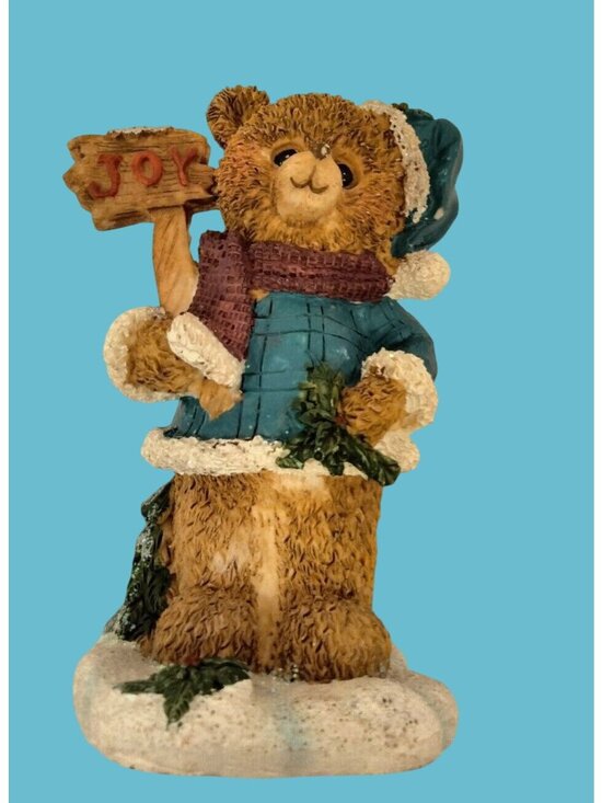 Other - Christmas Bear Figurine Holding Joy Sign Blue Coat Hat Resin Holiday Decor